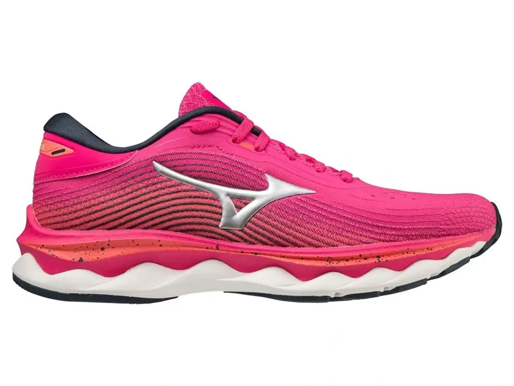 Boty Mizuno Wave Sky 5 Pink peacock/silver/hot coral Levný